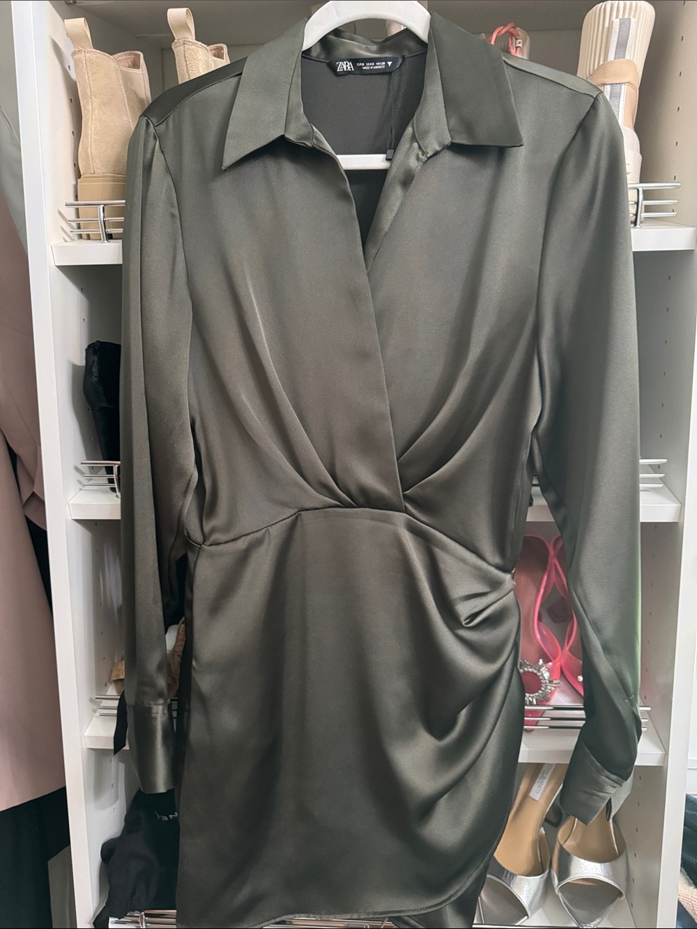 Zara Olive Satin Wrap-Style Long Sleeve Tunic